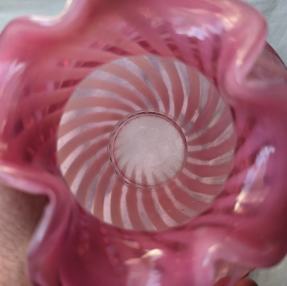 Vintage Cranberry Pink White Candy Cane Handblown Glass Vase Ripple Lip